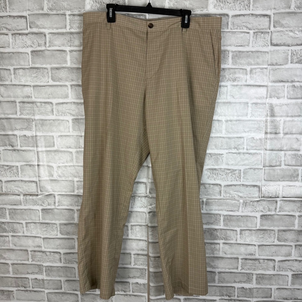 Adidas Golf Pants Mens 38 x 30 Tan Grandpa Plaid Flat Front Performance Trousers